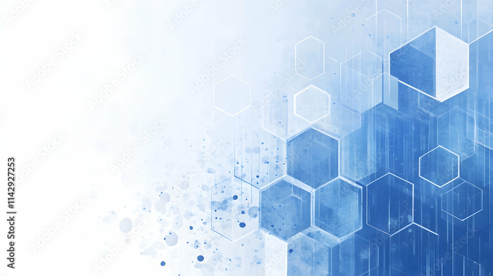 Poster abstract background with hexagonal shapes and watercolor-like spots, using a blue color palette -