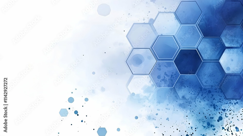 Poster abstract background with hexagonal shapes and watercolor-like spots, using a blue color palette -