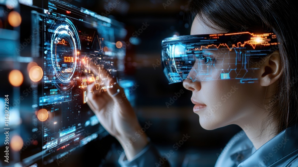 Aufkleber woman using futuristic ar technology with holographic interface and digital graphics. virtual realit