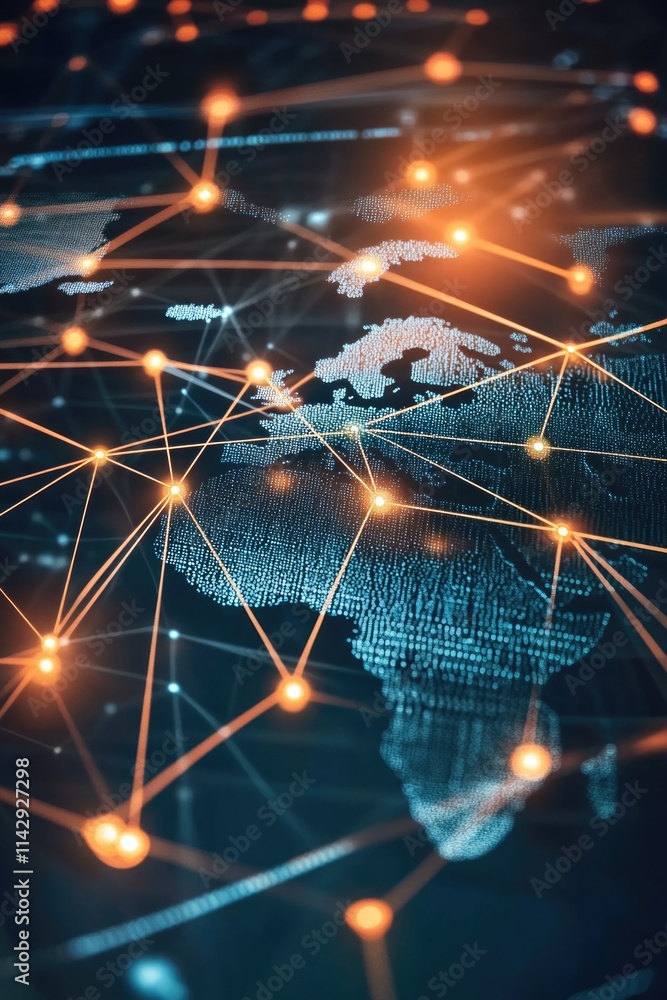 Poster A world map surrounded by lines and dots, perfect for illustrating global connections or network representations
