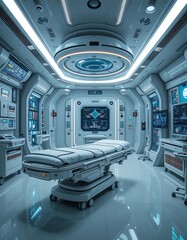Fototapeta premium A futuristic hospital room with hovering medical pods and glowing diagnostic screens