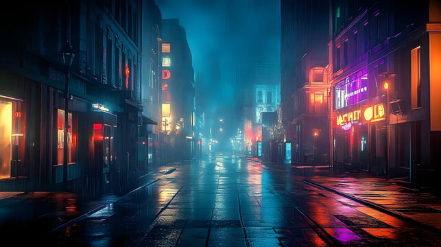 Fototapeta Cyberpunk streets illustration, futuristic city, dystoptic artwork at night, 4k wallpaper. Rain foggy, moody empty future. Evil buildings