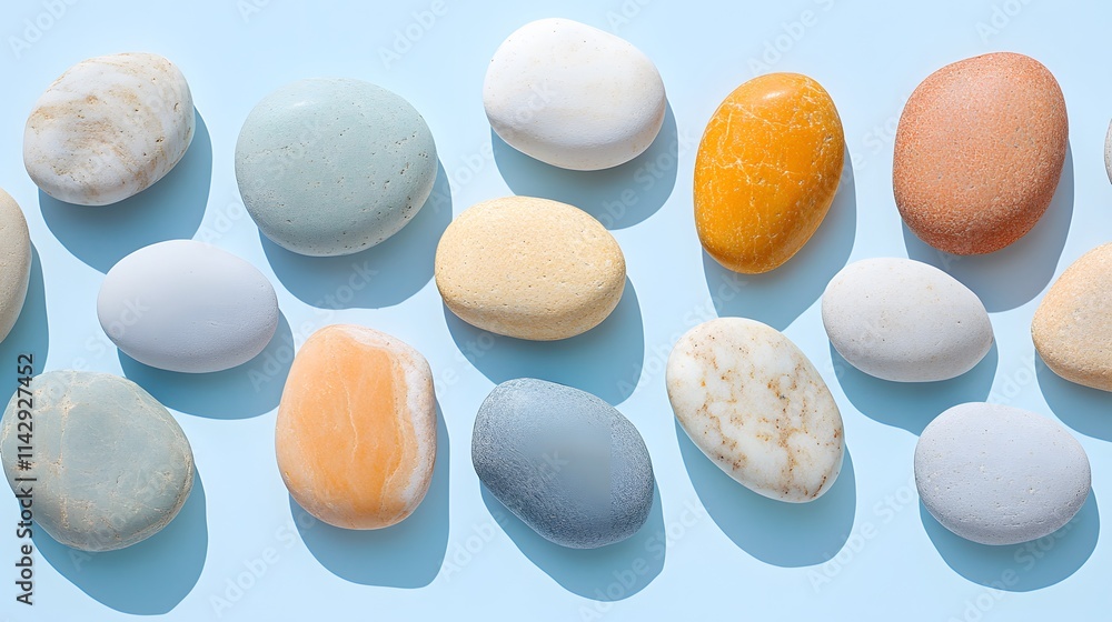 Poster rounded smooth stone in pastel tone arranged artistically on light blue background with soft shadow,