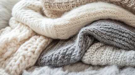 soft, cozy knitted wool texture background in beige and gray tones, offering warmth and inviting comfort, perfect for a serene, tactile experience