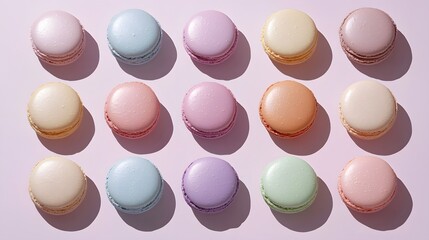 Fototapeta premium Colorful macaron with pastel tone placed evenly on light pink surface, accompanied by soft shadow for a visually appealing composition