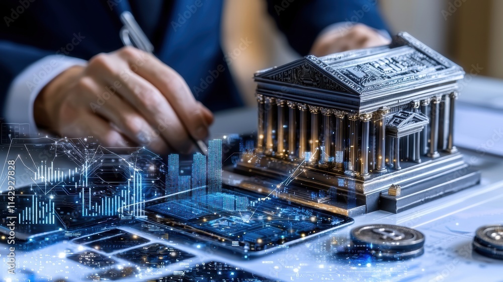 Poster close-up of a businessman analyzing digital banking data with futuristic graphs and miniature bank b