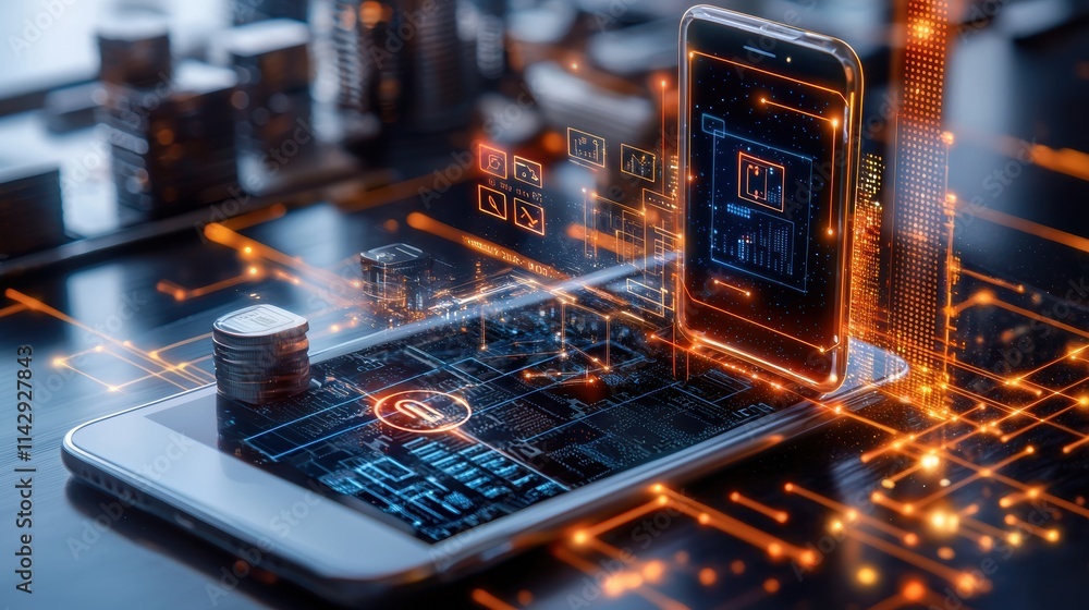 Poster futuristic mobile banking concept with a smartphone and digital financial data displayed on a virtua