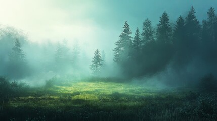 A serene clearing in a misty forest, surrounded by majestic trees, bathed in the soft, gentle light of early morning, lies near a peaceful, secluded area