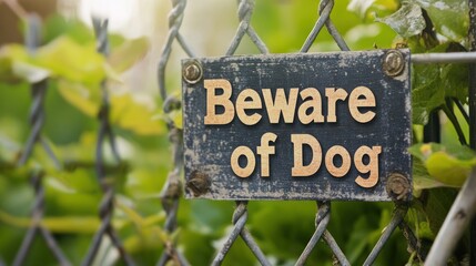 Weathered "Beware of Dog" sign on chain link fence.
