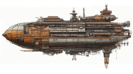 Fototapeta premium Detailed vintage steampunk ship blueprint, featuring intricate mechanical designs. Artistic style