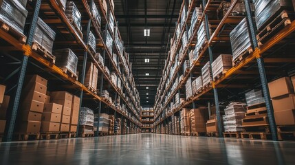 spacious industrial warehouse showcasing towering shelves filled with various goods, illuminated by bright overhead lights, highlighting the scale and efficiency of storage and logistics