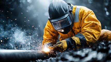 Welder in protective gear working on metal with sparks and smoke. Industrial worker and construction concept
