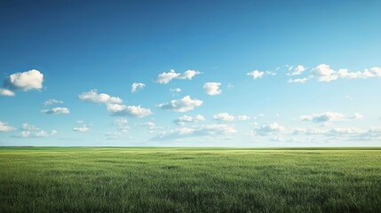 An expansive green landscape stretches endlessly beneath a radiant blue sky dotted with soft, fluffy clouds on a peaceful, serene day