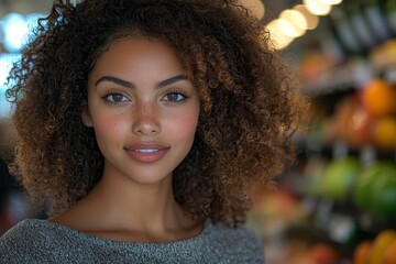 Woman Shopping with Focused Expression in Grocery Store