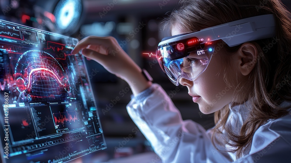 Poster child wearing futuristic augmented reality headset interacting with digital brain scan interface.