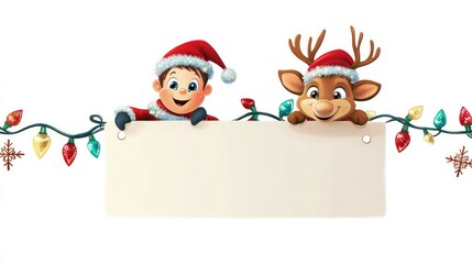 Fototapeta premium A cartoon character and reindeer wearing sparkling Santa hats, playfully peeking above a blank sign with Christmas lights and festive snowflake accents, isolated on white