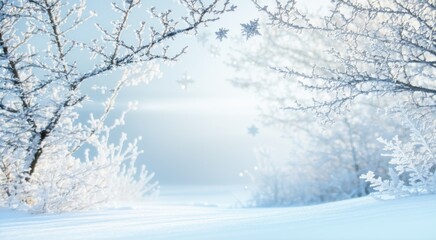 Fototapeta premium Snowy trees are covered in snow and frost on a sunny day, space for text