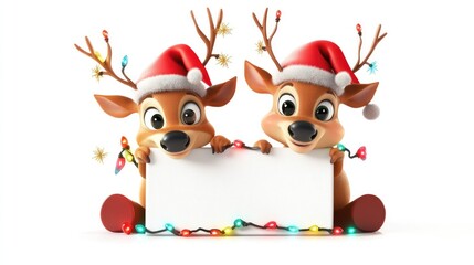 Fototapeta premium A cute cartoon and reindeer duo leaning over a blank sign, with tilted Santa hats and decorated by twinkling Christmas lights and festive snowflakes, isolated on white