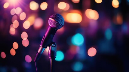 Obraz premium spotlight shining on a karaoke stage, with vibrant concert lights and bokeh effects creating a lively, festive atmosphere perfect for a night out at a disco or music event