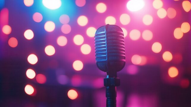 spotlight on an empty karaoke stage with glowing concert lights and neon bokeh, vibrant atmosphere, ready for an electrifying performance