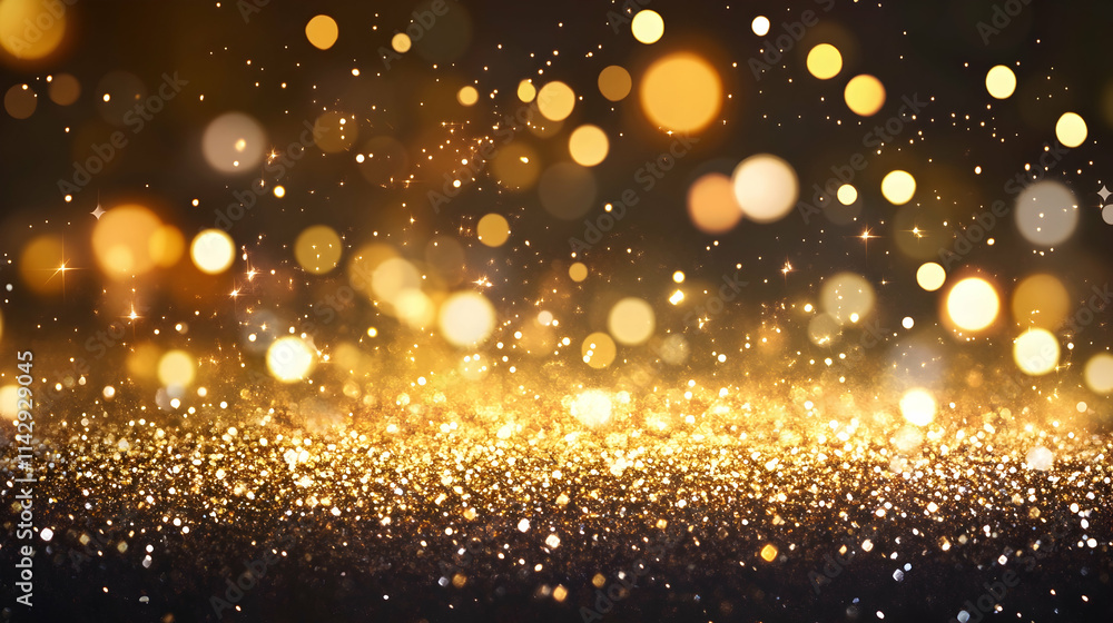 Poster abstract golden background with bokeh effect shining defocused glitters festive gold texture for cel