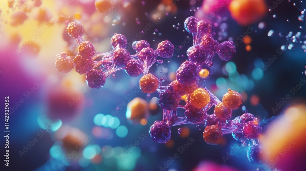 Aufkleber colorful 3d render of molecular structure with glowing particles and abstract background.