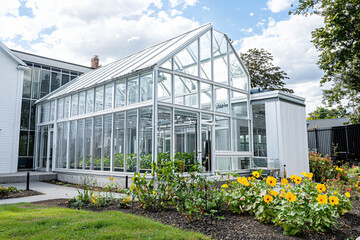 Obraz premium Urban sustainability center with modular greenhouse design