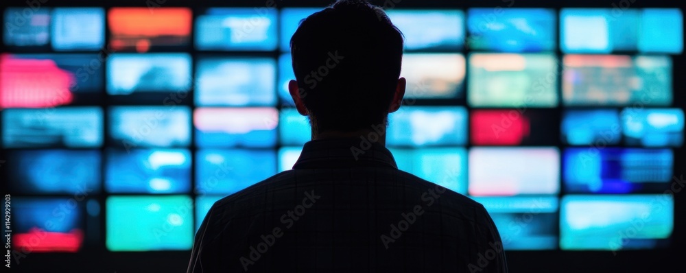 Poster silhouette of man looking at multiple screens displaying colorful images.