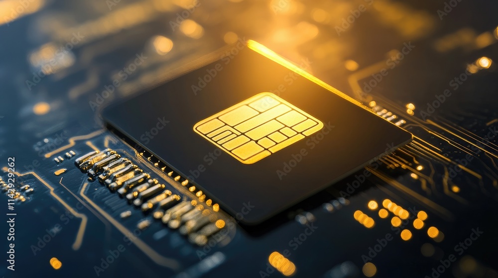 Poster a glowing digital lock hovering over a credit card on a futuristic circuit board, symbolizing secure