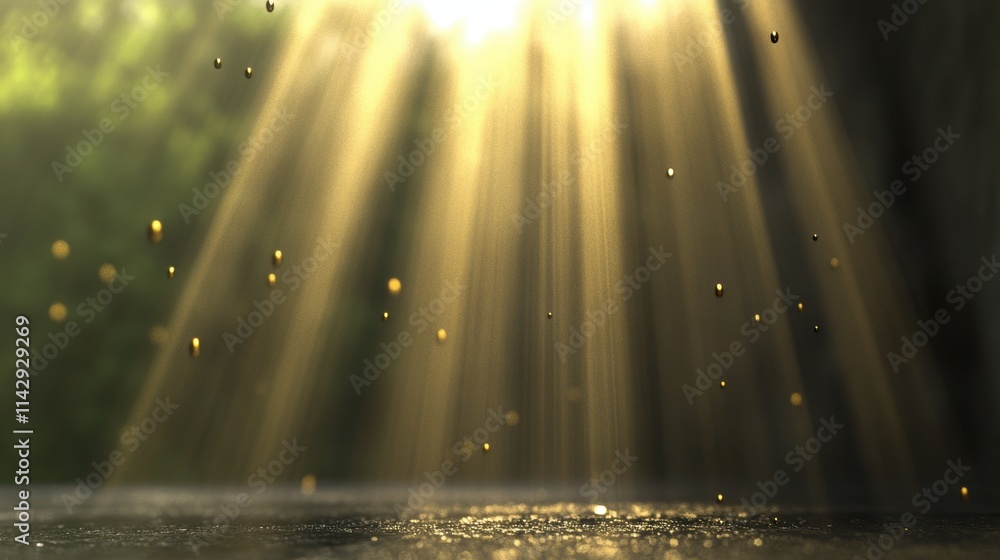 Poster sunlight rays streaming through forest with floating dust particles. nature light concept for wallpa