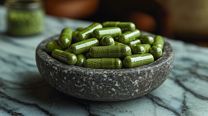 Green Ayurvedic mint pills placed in a bowl for indigestion treatment on a marble surface