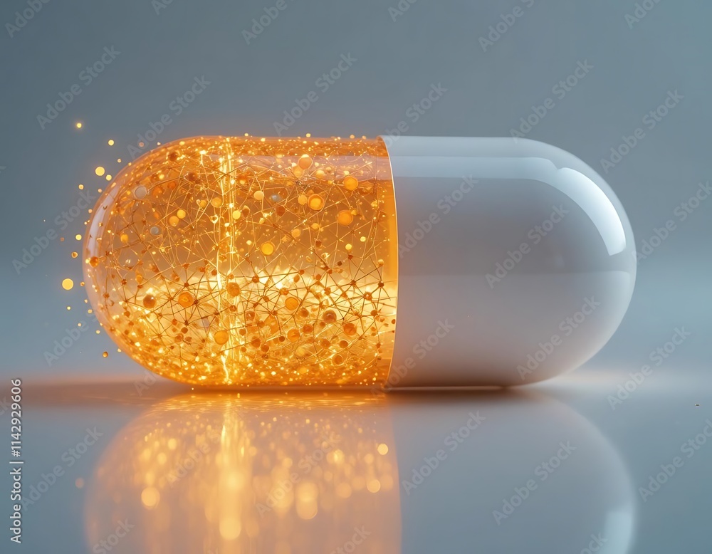 Poster a minimalistic 3d pill capsule with glowing particles inside, floating in a reflective environment