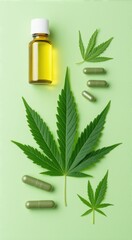 Bottle of cbd oil and some pills on a green surface