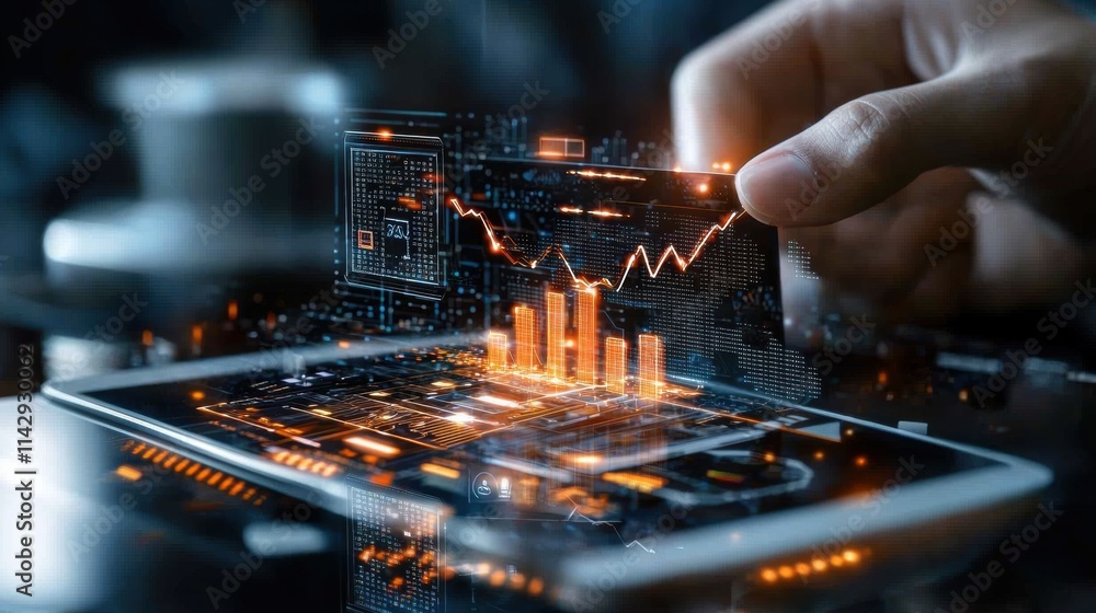 Aufkleber hand holding a digital stock market graph above a tablet screen with data interface. business and fi