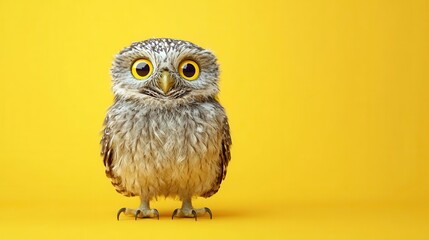 Fototapeta premium studio portrait of a surprised owl with wide eyes, perched on a bright yellow background, showcasing detailed feathers and a sense of curiosity, whimsical and playful