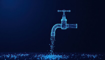 Digital illustration of water faucet with flowing water, blue particles. Modern tech faucet design visualises flowing water. Innovative eco design for water conservation concept. Futuristic water