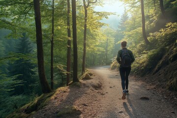 Fototapeta premium A person walks along a serene forest path, perfect for spring when a weak immune system may arise due to vitamin deficiency. Nature offers rejuvenation and wellness.