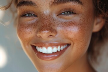Bright smile of a young woman with freckles, showcasing her natural beauty and joy in a sunlit outdoor setting in the afternoon