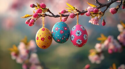 Fototapeta premium Colorful decorated eggs hanging from a flower-laden branch during springtime festivities in a vibrant garden