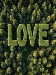 Green foliage shaped into the word love amidst a dense forest canopy during daylight