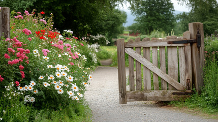 Flower-lined pathway leading to an open wooden gate in a tranquil rural setting during the daytime