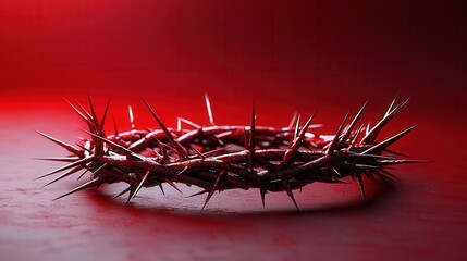 Fototapeta premium Crown of thorns placed on a dark surface illuminated with red light during a solemn moment of reflection and symbolism related to sacrifice and suffering