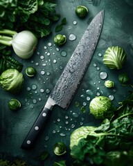 A sharp chef's knife rests on a dark surface amongst various fresh green vegetables and water droplets.