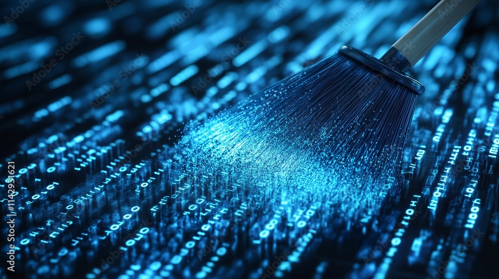 Poster a digital broom sweeping away binary code, symbolizing data cleansing