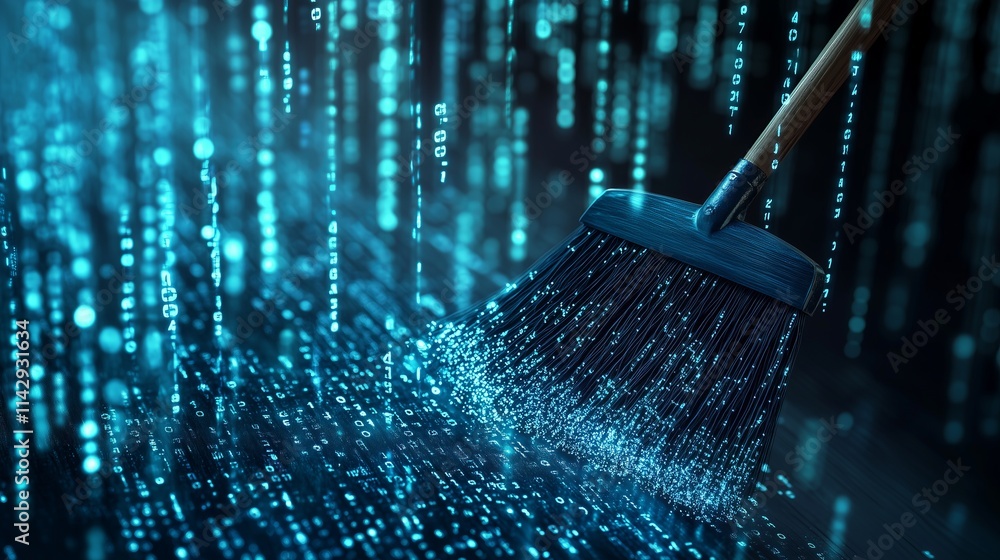 Poster a digital broom sweeping away binary code, symbolizing data cleansing