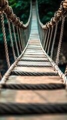 Suspension bridge stretches over lush forest, inviting adventurers to cross and explore nature's beauty in serene surroundings