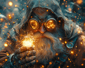 enigmatic gnome tinkerer with golden goggles, holding a luminous orb in a mystical workshop