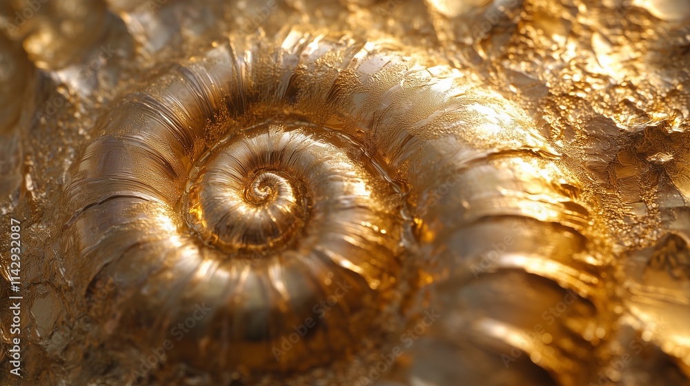 Poster close-up of golden spiral shell texture with metallic finish