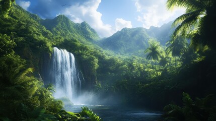 Fototapeta premium A lush green landscape featuring a majestic waterfall surrounded by mountains and tropical vegetation under a bright sky.
