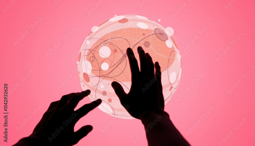 Poster two hands reach towards digital sphere with abstract patterns. background vivid pink. sphere futuris